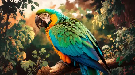 A vibrant macaw perched on a branch, showcasing its stunning blue, green, and orange feathers against a lush, colorful background. 4K Ultra HD desktop wallpaper.
