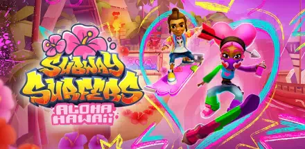 Colorful wallpaper featuring characters from the mobile game Subway Surfers, set against a vibrant Aloha Hawaii backdrop, perfect for gaming enthusiasts.