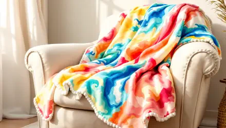 A vibrant, cozy blanket drapes over a light-colored armchair, featuring swirls of blue, orange, and pink, capturing a warm and inviting atmosphere. 4K Ultra HD PC desktop wallpaper.