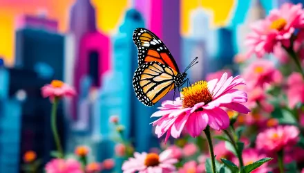 A vibrant butterfly rests on a pink flower in a colorful garden, set against a blurred city backdrop, creating a striking 4K Ultra HD wallpaper for desktops.