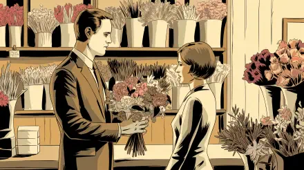A stylish illustration of a flower shop featuring a man presenting a bouquet to a woman, set against a backdrop of colorful floral arrangements, perfect for a 4K Ultra HD desktop wallpaper.