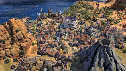 A vibrant 4K Ultra HD wallpaper showcasing a detailed cityscape from Sid Meier's Civilization VII, featuring ancient architecture and a scenic coastal backdrop.