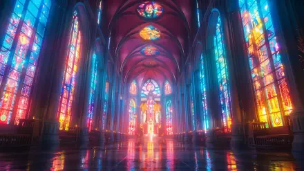 Colorful interior of a cathedral featuring vibrant stained glass windows that cast stunning reflections on the floor. A captivating scene for an HD desktop wallpaper.