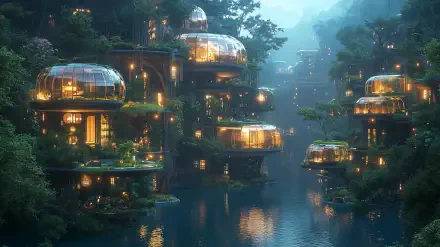 A serene solarpunk floating city rises above a tranquil lake, featuring glowing habitats intertwined with lush greenery, embodying a vision of utopia.