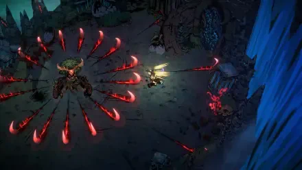 A vivid HD wallpaper featuring a dramatic scene from the video game Sworn, showcasing a character surrounded by menacing red projectiles in an immersive battle environment.