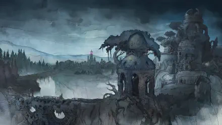 A captivating fantasy landscape from the video game Avowed, featuring dark ruins, a serene body of water, and a mysterious atmosphere, perfect as an HD PC desktop wallpaper.