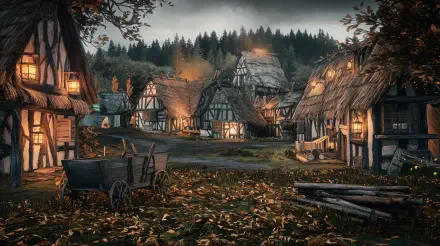 A serene medieval village with thatched-roof cottages illuminated by warm lights, set against a backdrop of trees, captured in stunning 4K Ultra HD detail.