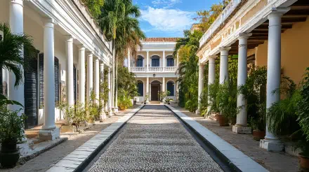A stunning view of colonial architecture featuring a cobblestone pathway flanked by grand columns, lush greenery, and a bright blue sky, captured in 4K Ultra HD quality.