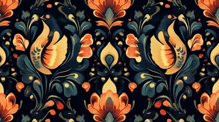 A vintage pattern featuring vibrant florals and intricate designs, showcasing rich colors against a dark backdrop, suitable for a 4K Ultra HD PC desktop wallpaper and background.