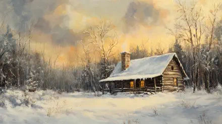 A cozy winter cabin sits amid a snow-covered landscape, with warm light glowing from its windows against a backdrop of a dramatic sky, captured in vibrant 4K Ultra HD.