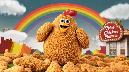 A vibrant 4K Ultra HD wallpaper featuring a cheerful cartoon chicken surrounded by crispy fried chicken pieces with a colorful rainbow in the background, celebrating Fried Chicken Heaven.