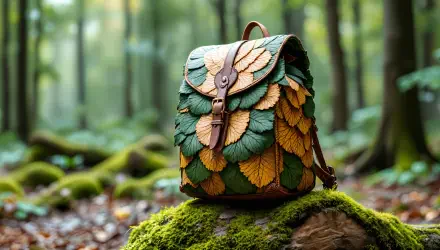 A beautifully designed backpack made of green and brown leaf patterns rests on a moss-covered rock in a serene forest setting, captured in stunning 4K Ultra HD quality.