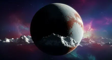 A stunning 4K Ultra HD image of Pluto, featuring its rugged surface and a cosmic backdrop filled with vibrant colors and distant stars, perfect for a desktop wallpaper.