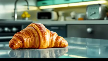 A beautifully baked croissant rests on a kitchen counter, showcasing its flaky layers and golden hue. This image serves as a vibrant 4K Ultra HD PC desktop wallpaper.