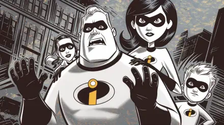 A vibrant 4K Ultra HD wallpaper featuring the superhero family from The Incredibles, showcasing their iconic costumes and dynamic expressions against an urban backdrop.