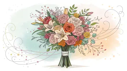 Illustration of a detailed wedding bouquet with various flowers and greenery, designed as a 4K Ultra HD floral desktop wallpaper and background.