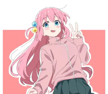 HD anime desktop wallpaper of Hitori Gotou from Bocchi the Rock! showing a cheerful pose with a peace sign against a soft pink background.