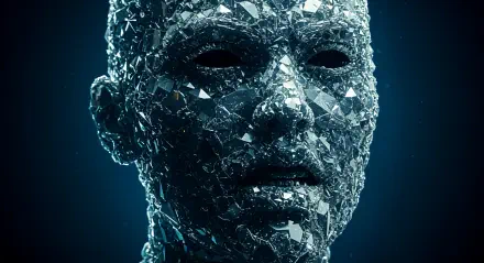 A striking 4K Ultra HD wallpaper featuring a fragmented, crystalline face conveying intense anger, with deep dark eyes that evoke strong emotions against a muted background.