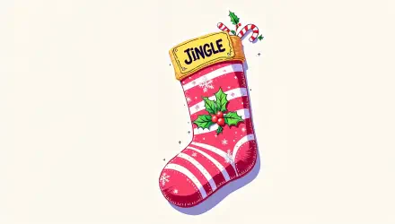 A vibrant Christmas stocking adorned with holly and candy canes, featuring a JINGLE label, set against a light background. Ideal as a 4K Ultra HD desktop wallpaper.