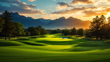 A stunning golf course at sunset, featuring lush green fairways, serene water features, and majestic mountains in the background, captured in vibrant 4K Ultra HD quality.