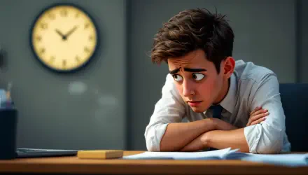 A young man with a concerned expression sits at a cluttered desk, glancing at a clock on the wall, embodying the concept of a wage slave. 4K Ultra HD desktop wallpaper and background.