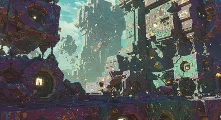 A vibrant magical realm featuring intricate, geometric structures against a bright sky, designed as a stunning 4K Ultra HD PC desktop wallpaper and background.