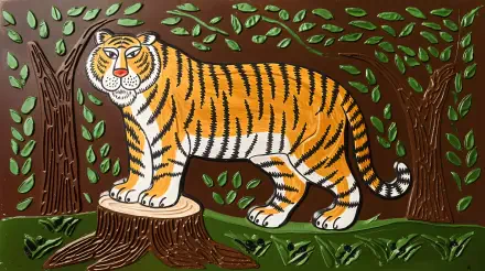 A vibrant illustration of a Siberian tiger standing on a tree stump, surrounded by lush greenery, designed as a 4K Ultra HD PC desktop wallpaper and background.