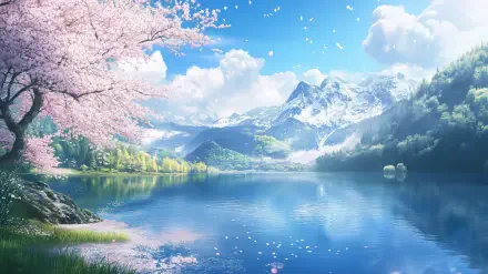 HD illustrated spring landscape featuring blooming cherry blossoms by a serene lake with snow-capped mountains under a bright blue sky, designed as a PC desktop wallpaper.