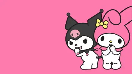 HD PC desktop wallpaper featuring Onegai My Melody characters Kuromi and My Melody against a solid pink background.