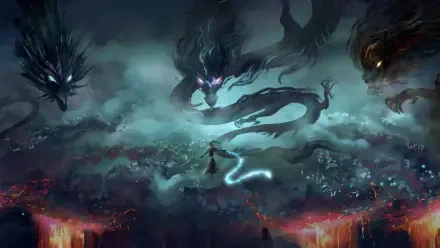 A dramatic HD wallpaper from Ne Zha 2, featuring a mystical scene with dragons amidst a stormy atmosphere, capturing the essence of adventure and fantasy.