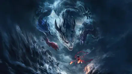 4K Ultra HD desktop wallpaper from the movie Ne Zha 2, featuring dramatic clouds and mythical creatures swirling in a dynamic, colorful composition.