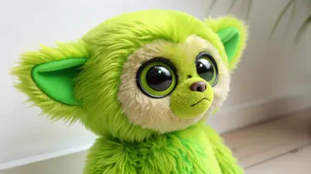 A vibrant green stuffed animal with large, expressive eyes, showcasing its playful and cuddly features in a 4K Ultra HD desktop wallpaper background.