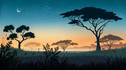 A serene grassland scene at dusk, featuring silhouettes of trees against a starry sky and a gradient of orange and blue, captured in stunning 4K Ultra HD for desktop wallpaper.