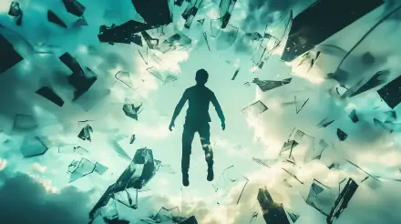 A dramatic 4K Ultra HD wallpaper depicting a figure breaking through a shattered glass ceiling, symbolizing liberation and achievement amidst a vibrant sky.