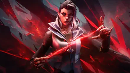 4K Ultra HD wallpaper featuring Fade from Valorant, showcasing a dynamic pose with red energy against a dramatic background.