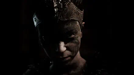 A dramatic HD wallpaper featuring Senua from the video game Hellblade: Senua's Sacrifice, showcasing her fierce expression and intricate headpiece against a dark background.