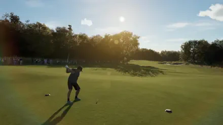 A golfer prepares to swing on a lush green fairway under a bright sun in this stunning 4K Ultra HD wallpaper for PGA TOUR 2K25.