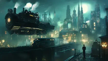 A steampunk-inspired futuristic cityscape with towering structures and a hovering train, enveloped in mist and illuminated by a mystical glow, perfect for an HD desktop wallpaper.