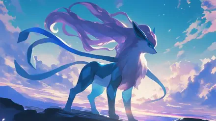 A colorful HD wallpaper featuring Suicune, the Water-type Pokémon, standing majestically against a vibrant sky with flowing hair and a serene background.