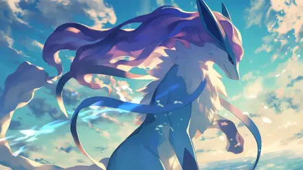 A vibrant HD wallpaper featuring Suicune from Pokémon, showcasing its majestic form against a backdrop of clouds and a blue sky.