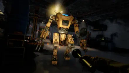 A 4K Ultra HD PC desktop wallpaper featuring a robotic character from the video game Atomfall, illuminated by a beam, set in a dimly lit industrial environment.