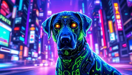 A vibrant, futuristic portrayal of a Labrador Retriever with glowing features, set against a neon city backdrop, designed as a 4K Ultra HD PC desktop wallpaper.