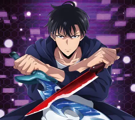 Solo Leveling's Sung Jin-Woo wields a blood-streaked red sword and a blue dagger, intense glare against a purple hexagonal digital backdrop — 2K Quad HD PC desktop wallpaper.