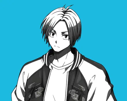 2K Quad HD anime desktop wallpaper of Shin (Sakamoto Days): monochrome bust portrait in a jacket set against a bright cyan background.