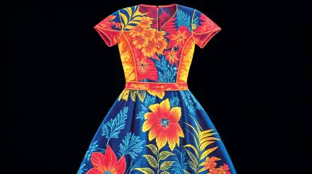 Vibrant floral dress featuring bold colors and lush patterns, set against a dark background, presented as a 4K Ultra HD PC desktop wallpaper.