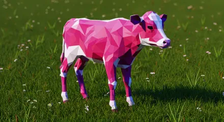 A vibrant, low-poly design of a pink calf stands in a grassy field, captured in stunning 4K Ultra HD, making for an eye-catching desktop wallpaper or background.