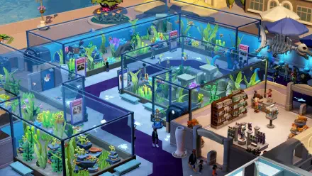 An overhead view of the Two Point Museum, showcasing vibrant aquariums filled with aquatic life and visitors exploring the interactive exhibits, set in a colorful, engaging environment.