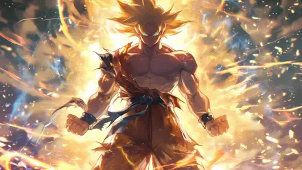 Goku from Dragon Ball Z channels his Super Saiyan aura, surrounded by a radiant explosion of energy, creating a striking HD wallpaper for any fan of the series.