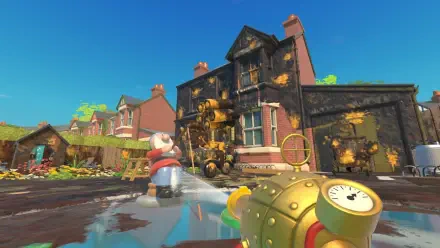 A vibrant HD wallpaper from PowerWash Simulator – Wallace & Gromit Special Pack, featuring Wallace cleaning a messy house with a water-powered device against a clear blue sky.