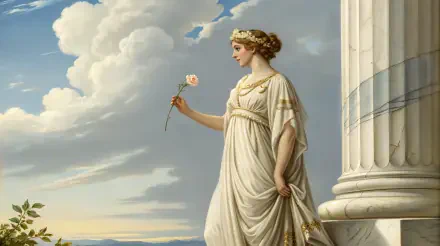 A serene woman in a flowing white dress holds a rose, standing by a classical column. The backdrop features a beautiful sky filled with clouds, creating an inspiring atmosphere.